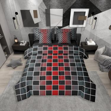 Imagem de Erosebridal Conjunto de edredom solteiro quadriculado com 7 peças, preto, vermelho, ombré, em uma bolsa, buffalo, xadrez, para crianças e adultos, conjunto de cama de guingão