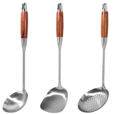 Imagem de GIWOSK Conjunto de utensílios Wok de aço inoxidável 304, 3 peças, ferramentas profissionais extralongas de 38 cm com cabo de madeira, inclui espátula, escumadeira e concha de sopa para wok de aço