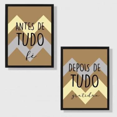 Imagem de Kit 2 Quadros Fé E Gratidão Chevron Azul 45X34 Moldura Preta - Quadros