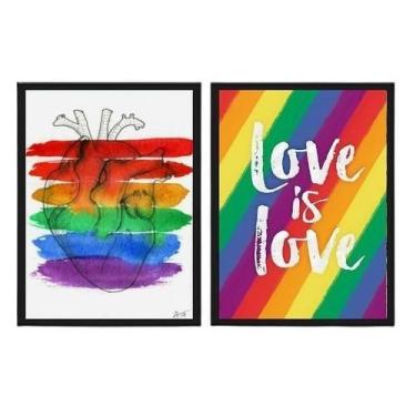Imagem de Kit 2 Quadros Lgbt Coração Gay 24X18Cm - Madeira Preta - Quadros On-Li