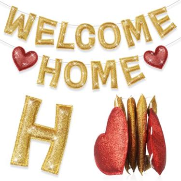 Imagem de Tegeme Faixa de feltro Welcome Home, guirlanda de boas-vindas com glitter pré-amarrada reutilizável colorido arco-íris decoração para mulher, adereço de foto de festa masculina (amarelo-verde)