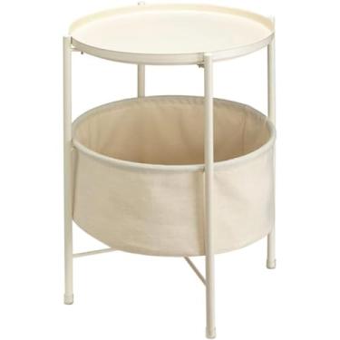 Imagem de Mesa Redonda de Café Cabeceira Metal Lateral Sofá com Tampo Bandeja Removível e Cesto Armazenamento Tecido para Quarto Sala Estar Escritório