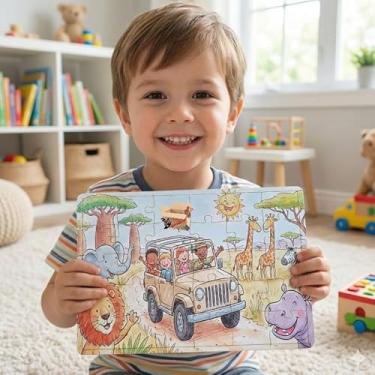 Imagem de Quebra Cabeça Infantil De Madeira Pedagógico Jogo Educativo Bebê Coordenação Motora Fina (Safari Alegre)