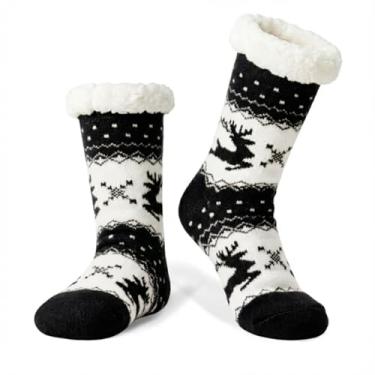 Imagem de LIGHT DOT Meias femininas de inverno com forro de lã de ovelha, estampa de rena, antiderrapante, confortável, macia, quente, presente de Natal, Preto, 6-10