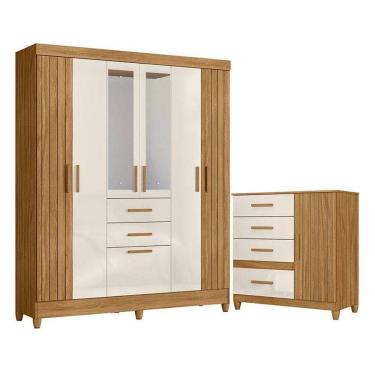 Imagem de Guarda Roupa Solteiro Malta Com Espelho E Cômoda Vênus Com Pés Freijó Off White - Moval