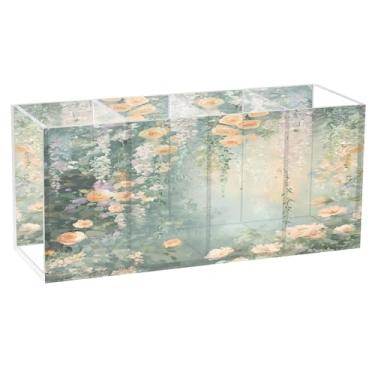 Imagem de SEHANY Porta-canetas de parede vintage de jardim para mesa, 4 compartimentos, porta-lápis de acrílico, organizador de pincéis de maquiagem, organizador de papelaria para escritório, casa