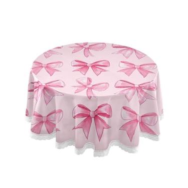 Imagem de SEHANY Toalha de mesa redonda com laço rosa de 152 cm, tecido lavável sem rugas, toalha de mesa decorativa de renda para restaurante, casamento, acampamento, festa de cinco de maio