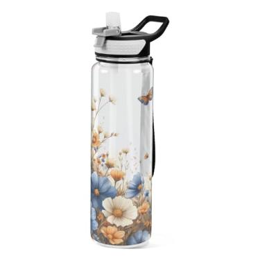 Imagem de ATTX Garrafa de água Blue Wildflowers, 947 ml, à prova de vazamento e livre de BPA, garrafas de água reutilizáveis de plástico Tritan para viagens, academia, corrida, fitness #358