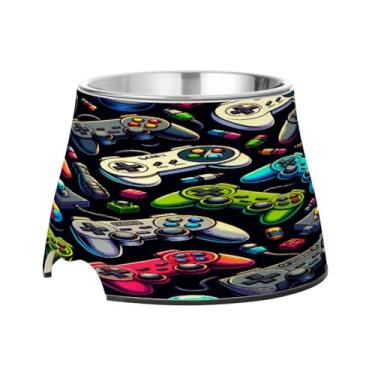 Imagem de Blueangle Tigelas elevadas para cães com aço inoxidável – Prato antiderrapante de 2,3 xícaras para animais de estimação de alta capacidade para saúde da coluna e vários designs de gamepads (583)