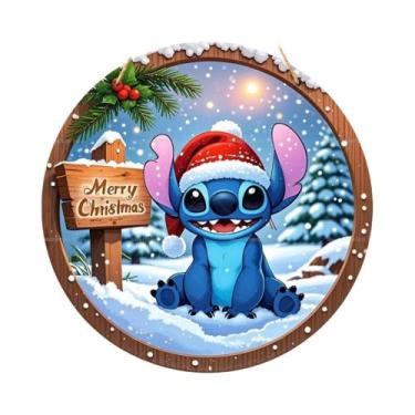Imagem de Feliz Natal Placa De Madeira Lilo&Stitch Impressão De Guirlanda Para P
