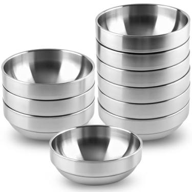 Imagem de KoMvzyl Pacote com 10 tigelas de aço inoxidável, lanches de 11 cm, tigelas de salada leves de 283 g, pratos de metal de parede dupla para molhos, arroz, macarrão, sorvete