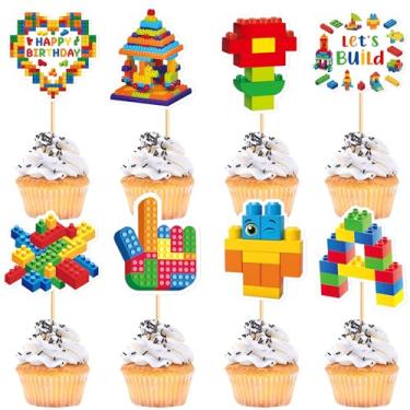 Imagem de Cyodoos 24 peças de blocos de construção para festa de aniversário e cupcake para meninos e meninas, decorações de festa de aniversário com tema de tijolo, blocos de construção, decorações de