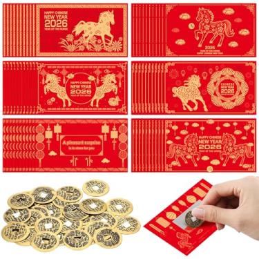 Imagem de Gueevin 100 Pcs 2026 Year of The Horse Lucky Scratch Off Cards and 25 Pcs Chinese Coins Set Chinese New Year Fortune Game Good Luck Gifts Party Supplies Holiday Pack(Novelty)