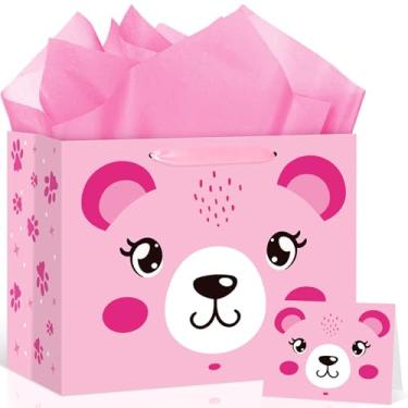 Imagem de Peconal Bolsa de presente de urso para chá de bebê, estampa de urso rosa, saco de papel de embrulho de aniversário com cartão comemorativo para 1º 2º terceiro chá de bebê, decorações de aniversário