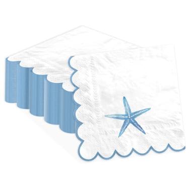 Imagem de 100 guardanapos de papel com estrela do mar azul, 3 camadas, estrelas de peixe, toalhas de mão descartáveis absorventes oceano estrela-do-mar guardanapos para convidados para verão, praia, chá de