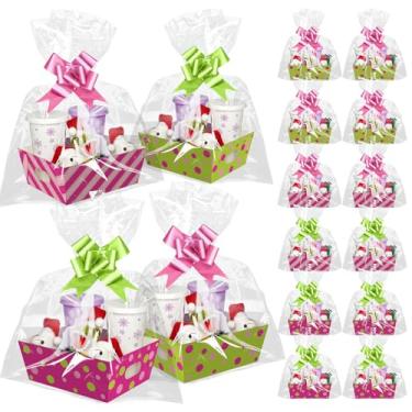 Imagem de Cinrobiye 12 peças de cestas de Natal para presente a granel faça-você-mesmo kit vazio para encher bandeja de mercado de Natal com sacos de embrulho, laços de puxar, sacos de cesta de Natal para