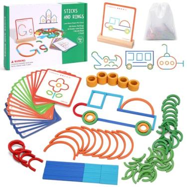 Imagem de Arnbz 142 PCS Montessori Smart Sticks Generation Toys, Wooden Sticks and Rings Puzzle Game with 20 Double-Sided Cards, Wooden Pattern Blocks Shape Puzzles Stick