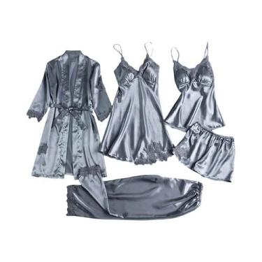 Imagem de Conjunto De Pijamas Femininos De Seda Gelada Com Camisola De Manga Lon