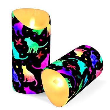 Imagem de Blueangle Pacote com 2 velas coloridas de silhuetas de gato sem chama com controle remoto e temporizador, velas LED cintilantes (7,6 cm x 9,9 cm) para decoração de casa, casamento, acampamento (224)