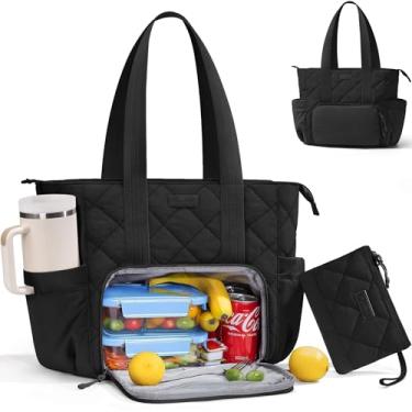 Imagem de Lancheira feminina Puffer, bolsa de trabalho para laptop de 15,6 polegadas com compartimento isolado para almoço e suporte de copo grande, bolsa leve acolchoada e inchada com bolsa para professores
