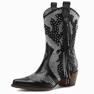 Imagem de Tsrenlmln Botas de cano curto femininas bico fino com strass salto grosso rebite western cowboy com borlas botas femininas cowgirl sem cadarço, Preto, 35
