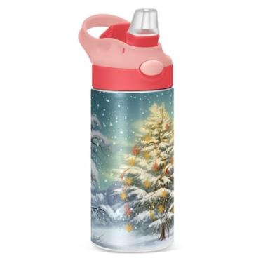 Imagem de YETTASBIN Garrafa de água de árvore de Natal para crianças, 340 g, à prova de vazamento, parede dupla, isolada, copo de viagem com tampa de canudo para meninas, meninos e crianças