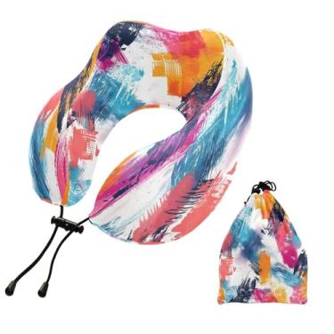 Imagem de CEBUGI Travesseiros de viagem portáteis em forma de U, travesseiro de pescoço de espuma viscoelástica com trava de corda ajustável para avião, viagem, trem, negócios, escritório, soneca (colorido