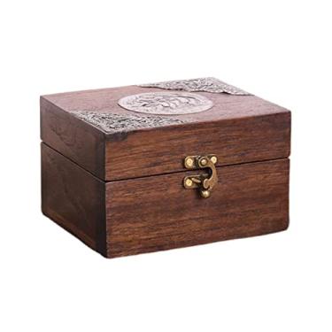 Imagem de uhyOHF Caixa de joias de madeira de alta qualidade retrô luxuosa caixa de armazenamento multifuncional de mesa de teca artesanal organizador de joias (