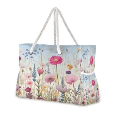 Imagem de Wassud Bolsa de praia colorida, floral, grande, para mulheres, impermeável, à prova de areia, bolsa de viagem com zíper e bolso para piscina, academia, acampamento