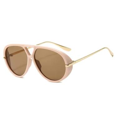 Imagem de Óculos de Sol Feminino Oversized com Ponte Dupla, Cores Vibrantes, Estilo Punk Masculino, Proteção UV400, Ideal para Esportes ao Ar Livre, Corrida e Ciclismo, Bege e Rosa Chá