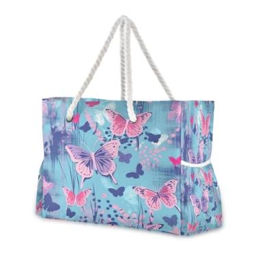 Imagem de Wassud Bolsa de praia borboletas em fundo azul grande bolsa de praia para mulheres, à prova d'água, à prova de areia, bolsa de viagem com zíper e bolso, piscina, academia, acampamento