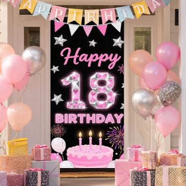 Imagem de BlissYard Capa de porta de feliz aniversário de 18 anos, bolo de diamante rosa para porta da frente, faixa de alpendre, decoração de festa de décimo oitavo marco, placa de boas-vindas para interiores