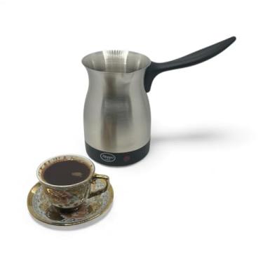 Imagem de Cafeteira elétrica turca, caldeira, aço inoxidável, cabo de toque frio, tamanho de viagem, fervura rápida e mantém a água fervendo para café, chá e bebidas quentes árabe e grego, 0,3 L (prata)