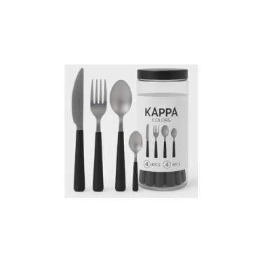Imagem de Jogo de Talheres 16 Peças, Aço Inox com Cabo Plástico Preto, 4 Facas, 4 Garfos, 4 Colheres de Mesa, 4 Colheres de Sobremesa, com Embalagem Cilíndrica