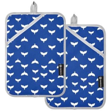 Imagem de Peystean Pacote com 2 suportes de panela, bonito oceano baleia barbatana rabo de peixe forro acolchoado almofadas quentes luvas de forno decoração trivets, multiuso para cozinha diária, churrasco