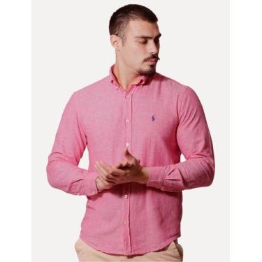 Imagem de Camisa Ralph Lauren Masculina Linho Navy Icon Rosa Mescla, L/G
