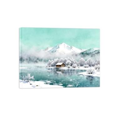 Imagem de Quadro em tela de paisagem de arte de parede - Lago Floresta de inverno - Impressão de pintura de decoração moderna para sala de estar pronta para pendurar 50 x 65 cm 20 x 26 pol. Tela embrulhada