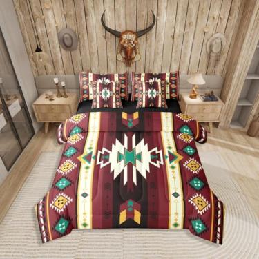 Imagem de Jogo de cama casal com 7 peças asteca do sudoeste, boêmio étnico mexicano em uma bolsa, vermelho, verde e preto, inclui edredom, conjunto de lençol, fronhas e fronhas, decoração de quarto de diamante