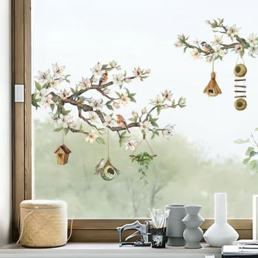 Imagem de Adesivos de janela de pássaros de flores de primavera adesivos de janela em galho de árvore floral branco adesivos estáticos de dupla face anticolisão para decoração de porta de vidro de loja