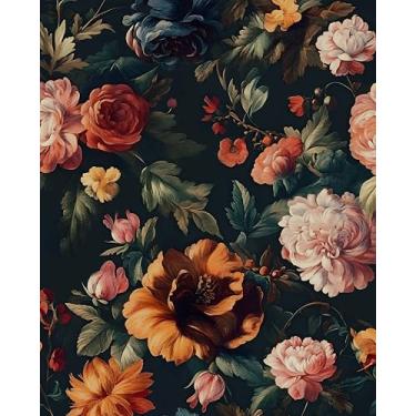 Imagem de Papel de parede floral colorido gótico de contato escuro flor laranja vintage mural de parede para quarto banheiro vinil impermeável autoadesivo removível locatário dormitório papel de parede 44,5 cm