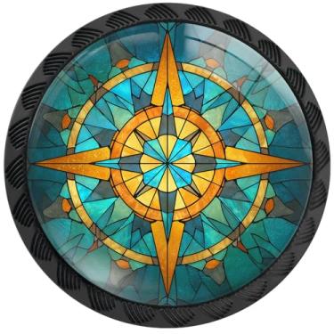 Imagem de Artinhand Pacote com 4 maçanetas de armário de bússola retrô de vitral puxadores de gaveta redondos puxadores de cômoda preto puxadores de porta de armário ferragens para armários de banheiro de