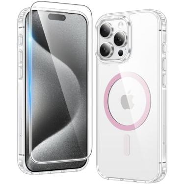 Imagem de FNTCASE Capa de telefone para iPhone 15 Pro-Max: capa de telefone fina magnética transparente à prova de choque de grau militar antiamarelamento, capa protetora robusta para 15 Promax, rosa