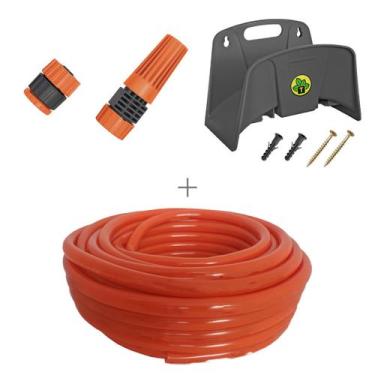 Imagem de Kit mangueira siliconada 30m para jardim laranja com esguicho e engate
