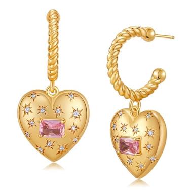 Imagem de Brincos de argola com pingente de zircônia cúbica de coração delicado, estrela de cristal, amor, coração, pendurados, abertos, brincos, piercings, joias fofas de aniversário e casamento para mulheres