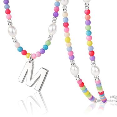 Imagem de Poxtex Lindos colares de contas com inicial para meninas, elegantes e coloridas, pérolas, letras, gargantilhas, para mulheres, adolescentes, feito à mão, banhado a ouro 14K, boêmio, joias