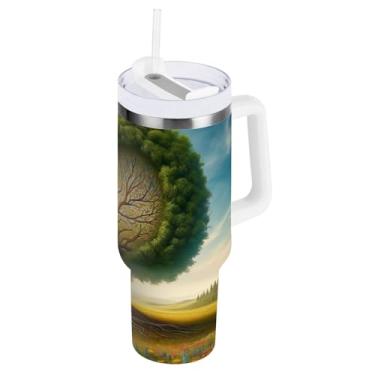 Imagem de Caneca isolada verde coração árvore 1,134 g com tampa e canudo, copo com isolamento duplo