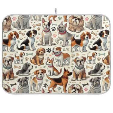 Imagem de Tapete de secagem de pratos bege Dogs Bones, tapete absorvente de café, escorredor de pratos de secagem rápida para balcão de cozinha, decoração de casa de férias, 40,6 x 45,7 cm