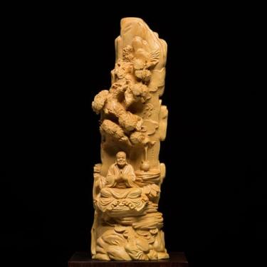 Imagem de FENNYYAR Estátua de Buda Zen chinês esculpida em madeira de buxo feita à mão, estatueta de meditação Arhat sentada de 23 cm