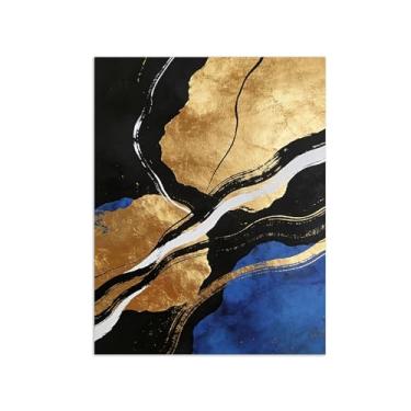 Imagem de Impressões abstratas em tela-Quadro texturizado para parede-ouro preto e azul 2-Pintura moderna para sala de estar 30x40cm Sem Moldura