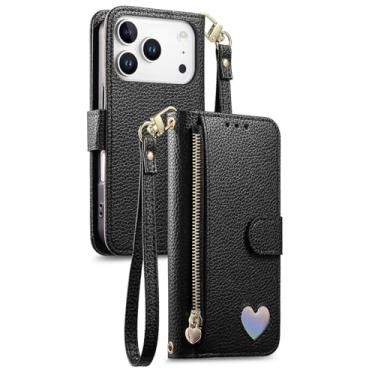 Imagem de POYUFRG Capa flip para iPhone 17 Pro Max/17 Pro/17 Air/17, carteira com zíper elegante padrão de lichia capa de couro com porta-cartão, preta, 17 Air